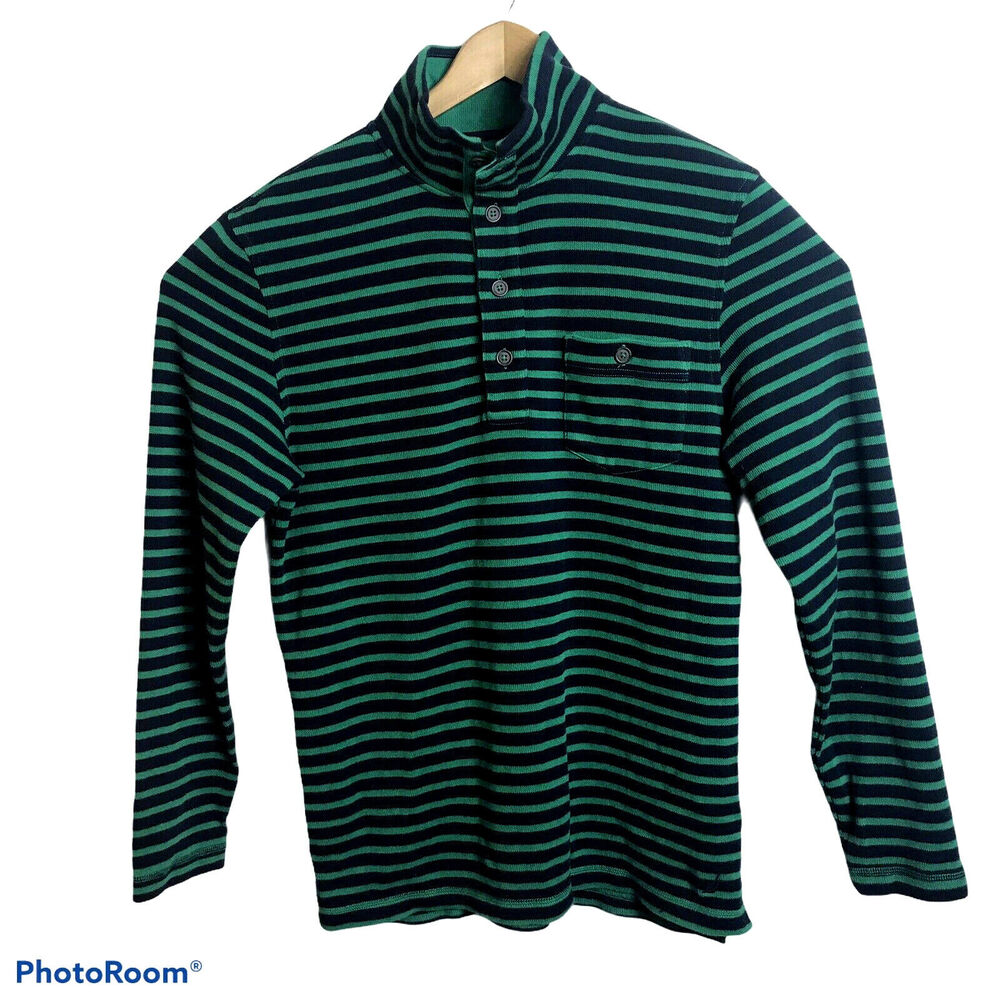 Nautica Sweater Mens Size Large 1/4 Button Green Navy Striped Pocket Casual